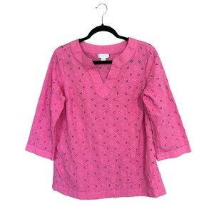 Charter Club Hot Pink Eyelet Bohemian 100% Cotton 3/4 Sleeve Blouse